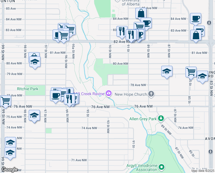 map of restaurants, bars, coffee shops, grocery stores, and more near 9157 78 Avenue Northwest in Edmonton