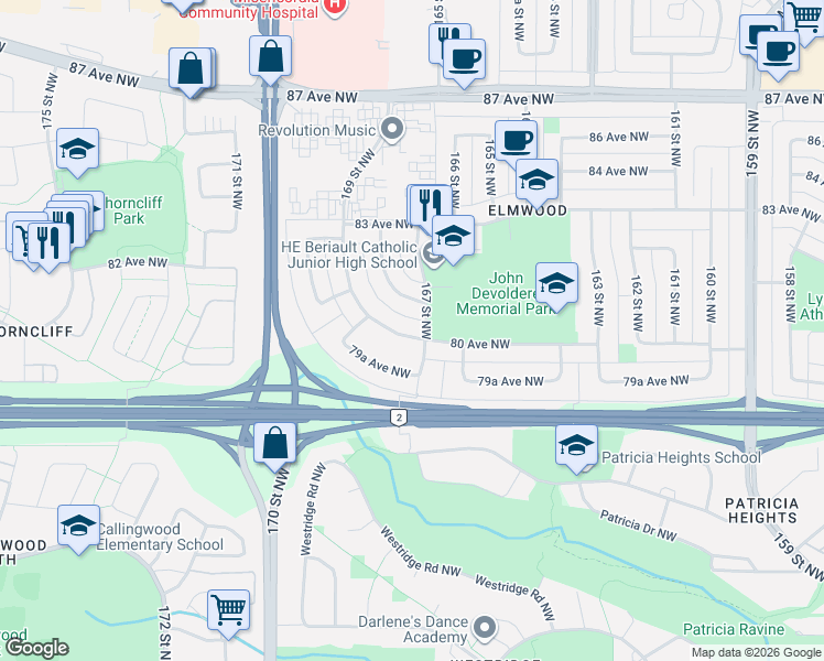 map of restaurants, bars, coffee shops, grocery stores, and more near 16706 80 Avenue Northwest in Edmonton