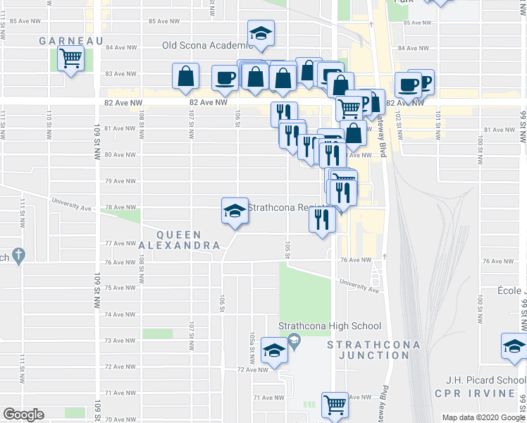 map of restaurants, bars, coffee shops, grocery stores, and more near 10529 78 Avenue Northwest in Edmonton