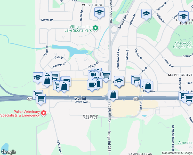 map of restaurants, bars, coffee shops, grocery stores, and more near 73 Virginia Crescent in Sherwood Park