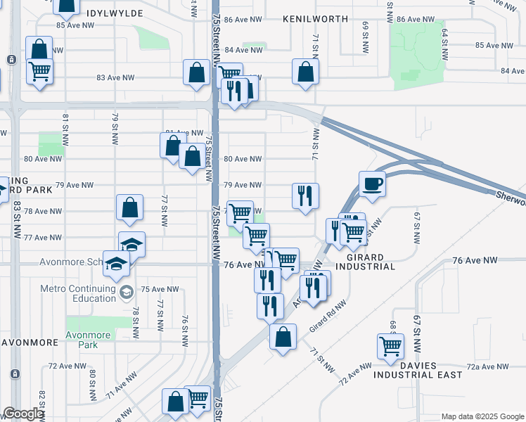 map of restaurants, bars, coffee shops, grocery stores, and more near 7303 78 Avenue Northwest in Edmonton