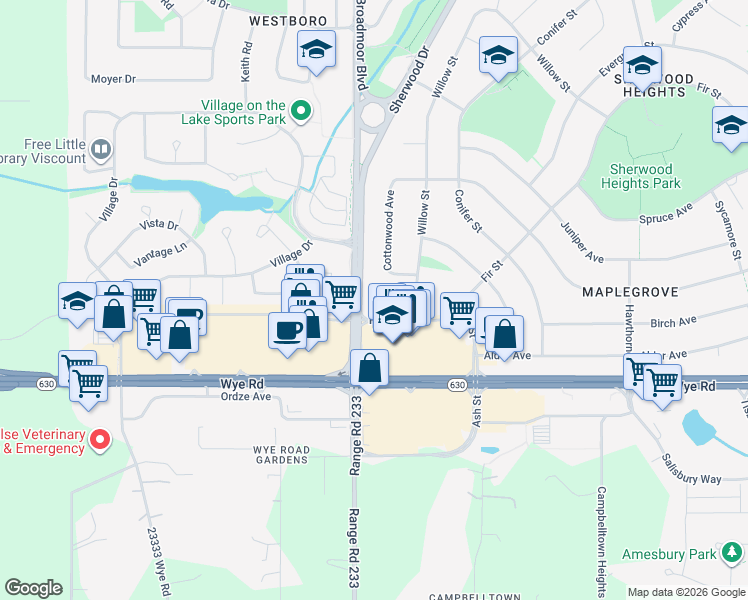 map of restaurants, bars, coffee shops, grocery stores, and more near 12 Fir Street in Sherwood Park