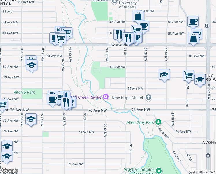 map of restaurants, bars, coffee shops, grocery stores, and more near 9157 78 Avenue Northwest in Edmonton