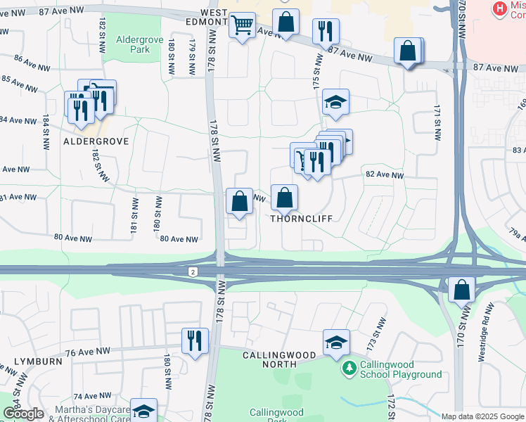 map of restaurants, bars, coffee shops, grocery stores, and more near 17787 81 Avenue Northwest in Edmonton