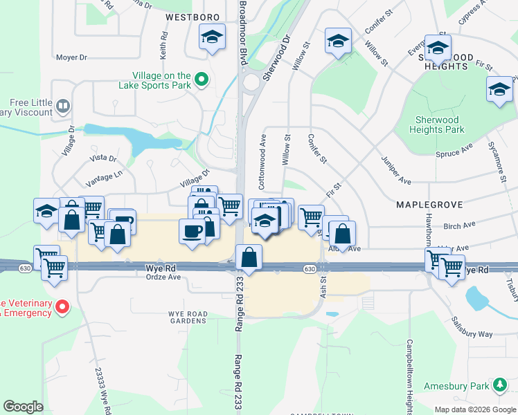map of restaurants, bars, coffee shops, grocery stores, and more near 16 Fir Street in Sherwood Park