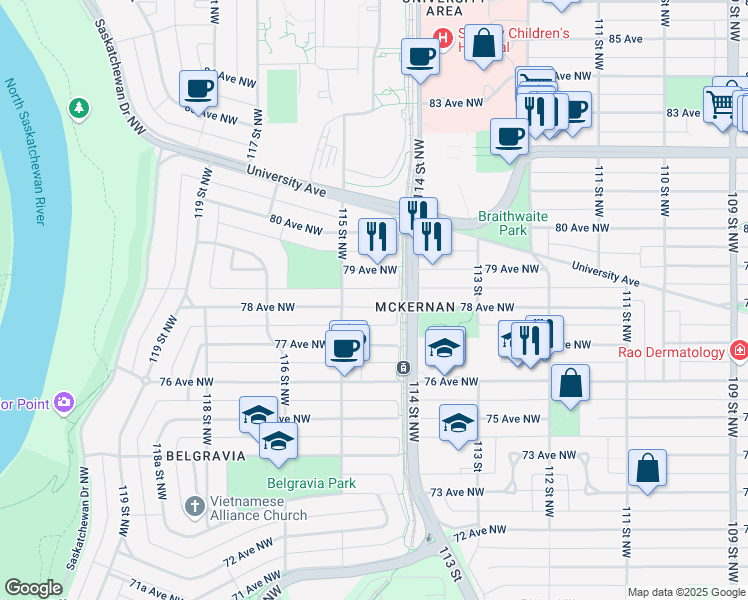 map of restaurants, bars, coffee shops, grocery stores, and more near 11436 78 Avenue Northwest in Edmonton