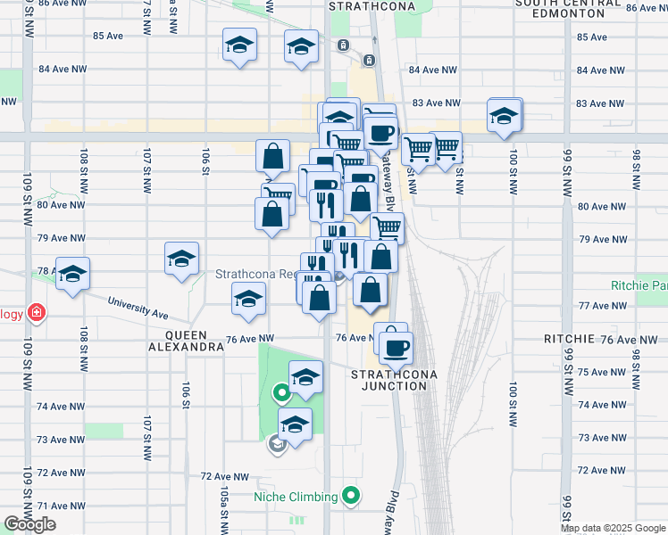 map of restaurants, bars, coffee shops, grocery stores, and more near 10380 78 Avenue Northwest in Edmonton