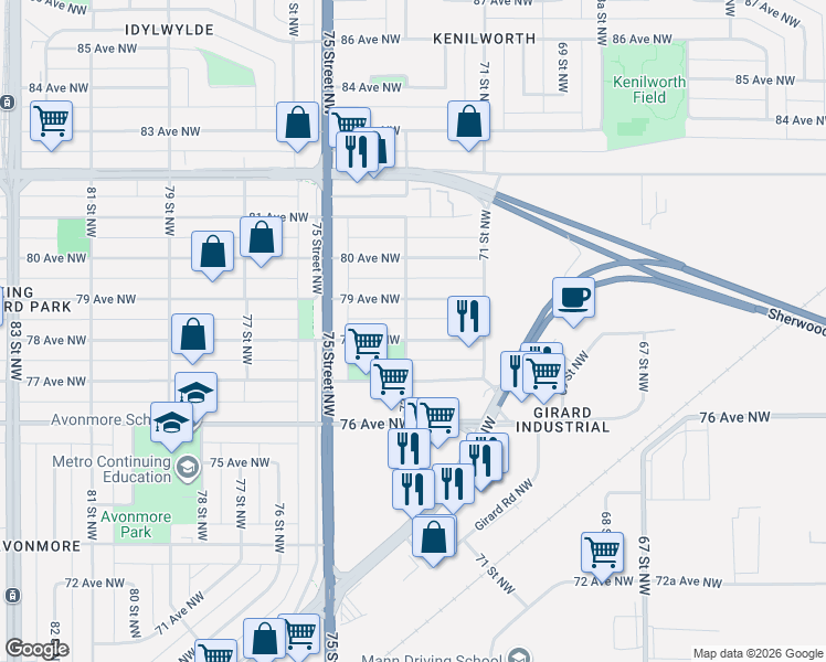 map of restaurants, bars, coffee shops, grocery stores, and more near 7211 78 Avenue Northwest in Edmonton