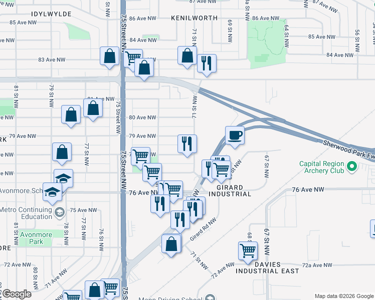 map of restaurants, bars, coffee shops, grocery stores, and more near 7108 78 Avenue Northwest in Edmonton