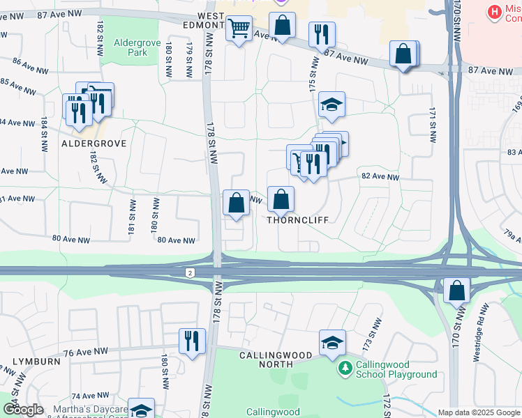 map of restaurants, bars, coffee shops, grocery stores, and more near 292a Thorncliff Place in Edmonton