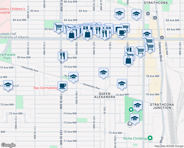 map of restaurants, bars, coffee shops, grocery stores, and more near 10704 78 Avenue Northwest in Edmonton