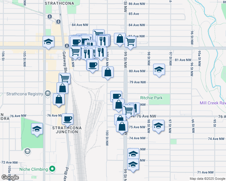 map of restaurants, bars, coffee shops, grocery stores, and more near 9955 78 Avenue Northwest in Edmonton