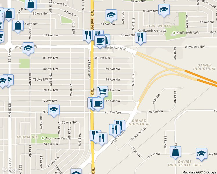 map of restaurants, bars, coffee shops, grocery stores, and more near 7306 78 Avenue Northwest in Edmonton