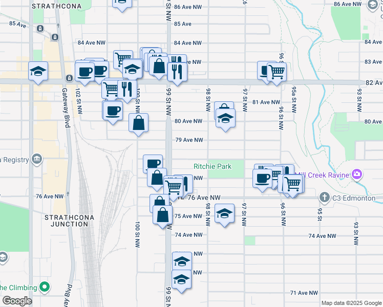 map of restaurants, bars, coffee shops, grocery stores, and more near 9821 78 Avenue Northwest in Edmonton
