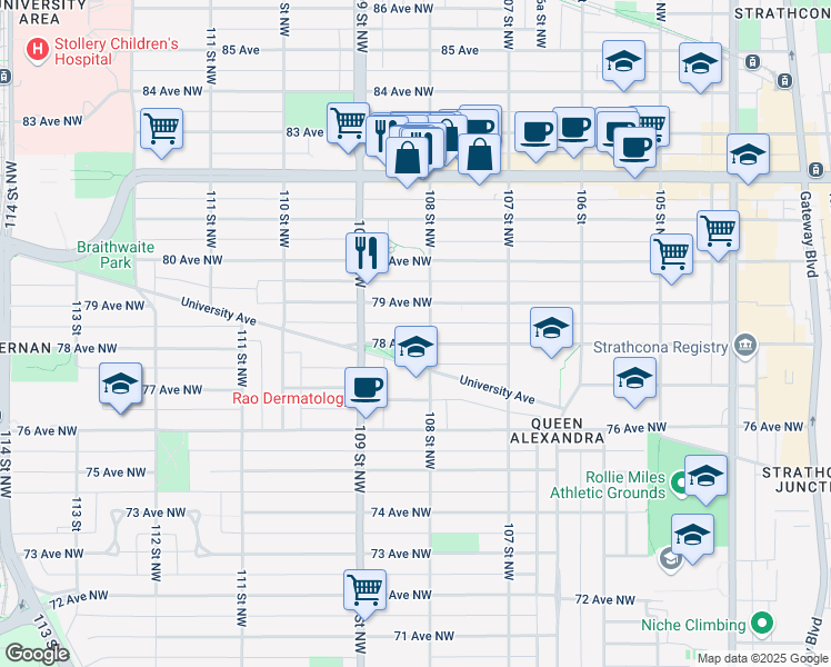 map of restaurants, bars, coffee shops, grocery stores, and more near 10820 78 Avenue Northwest in Edmonton