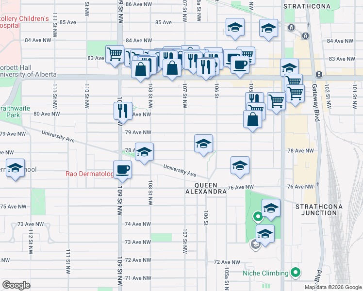 map of restaurants, bars, coffee shops, grocery stores, and more near 7804 107 Street Northwest in Edmonton