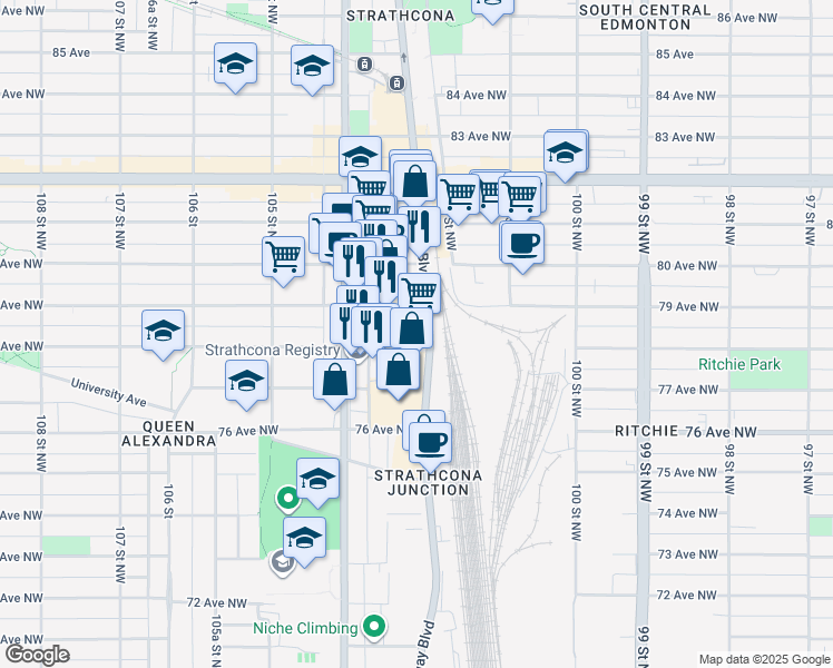map of restaurants, bars, coffee shops, grocery stores, and more near 10323 78 Avenue Northwest in Edmonton