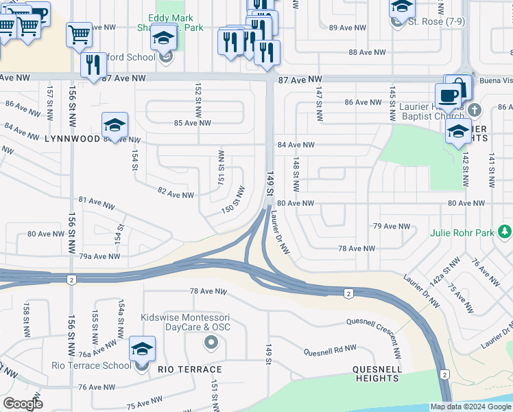 map of restaurants, bars, coffee shops, grocery stores, and more near 259 Lynnwood Way Northwest in Edmonton