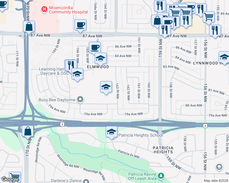 map of restaurants, bars, coffee shops, grocery stores, and more near 8105 163 Street Northwest in Edmonton