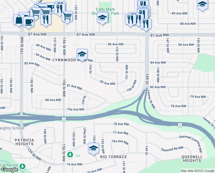 map of restaurants, bars, coffee shops, grocery stores, and more near 15217 82 Avenue Northwest in Edmonton