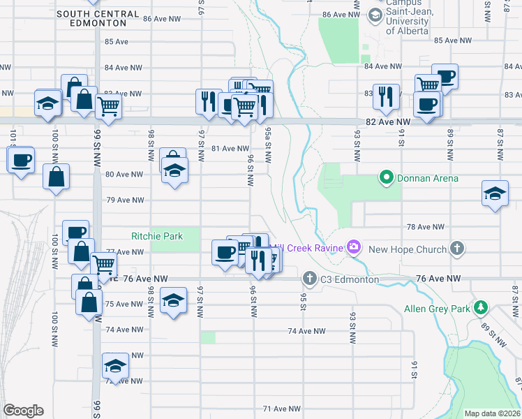 map of restaurants, bars, coffee shops, grocery stores, and more near 7927 96 Street Northwest in Edmonton