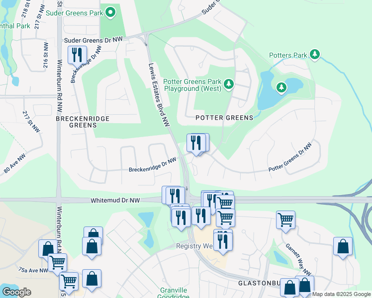 map of restaurants, bars, coffee shops, grocery stores, and more near 1004 Potter Greens Drive Northwest in Edmonton