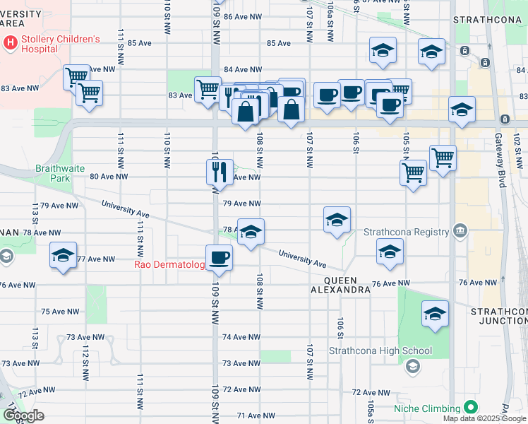 map of restaurants, bars, coffee shops, grocery stores, and more near 10804 79 Avenue Northwest in Edmonton