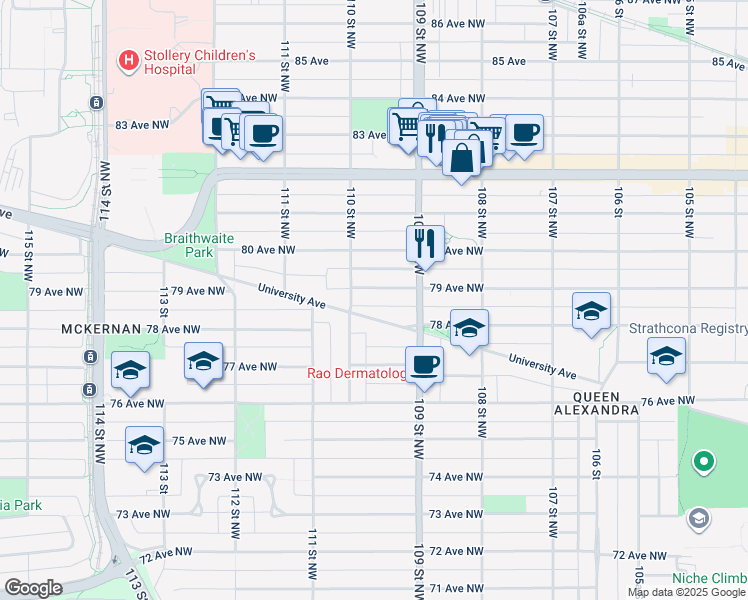 map of restaurants, bars, coffee shops, grocery stores, and more near 10942 79 Avenue Northwest in Edmonton