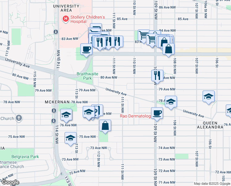 map of restaurants, bars, coffee shops, grocery stores, and more near 11037 80 Avenue Northwest in Edmonton
