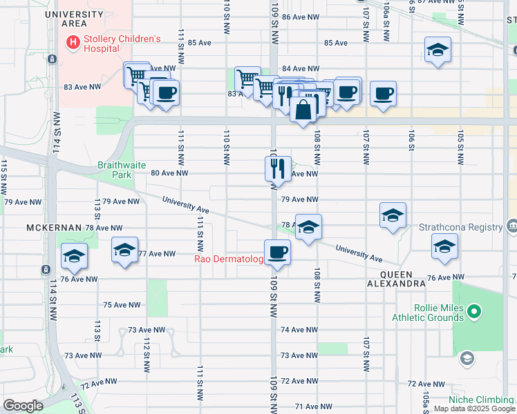 map of restaurants, bars, coffee shops, grocery stores, and more near 10919 79 Avenue Northwest in Edmonton