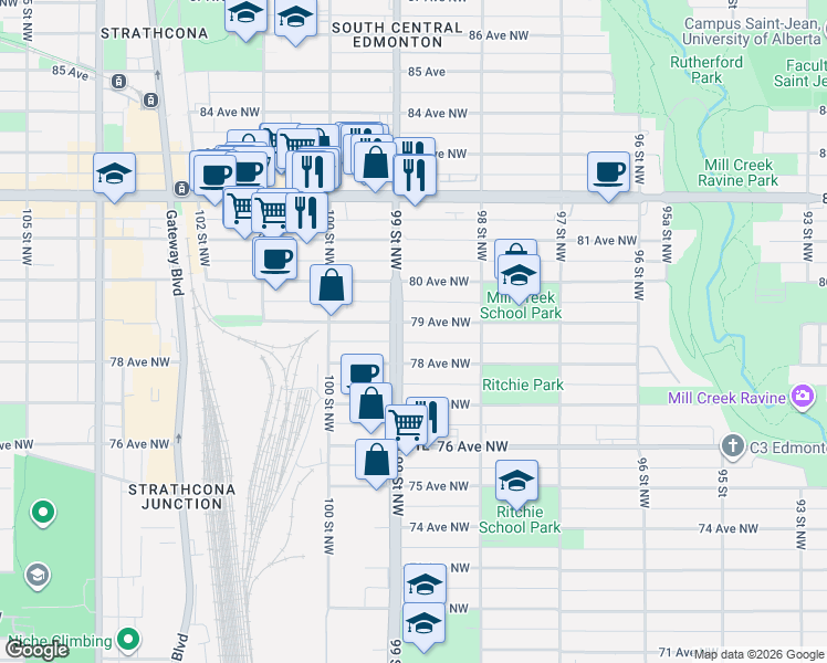 map of restaurants, bars, coffee shops, grocery stores, and more near in Edmonton