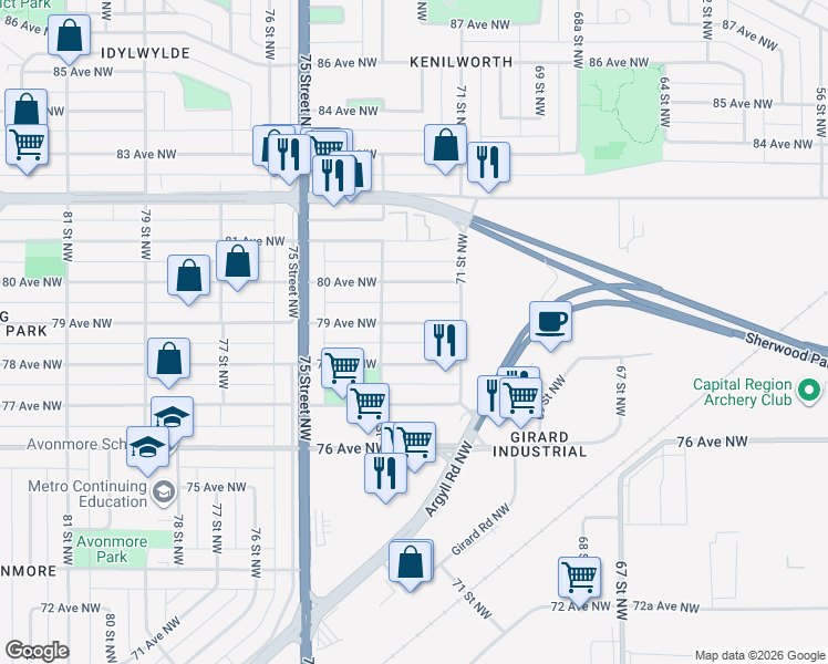 map of restaurants, bars, coffee shops, grocery stores, and more near 7205 79 Avenue Northwest in Edmonton
