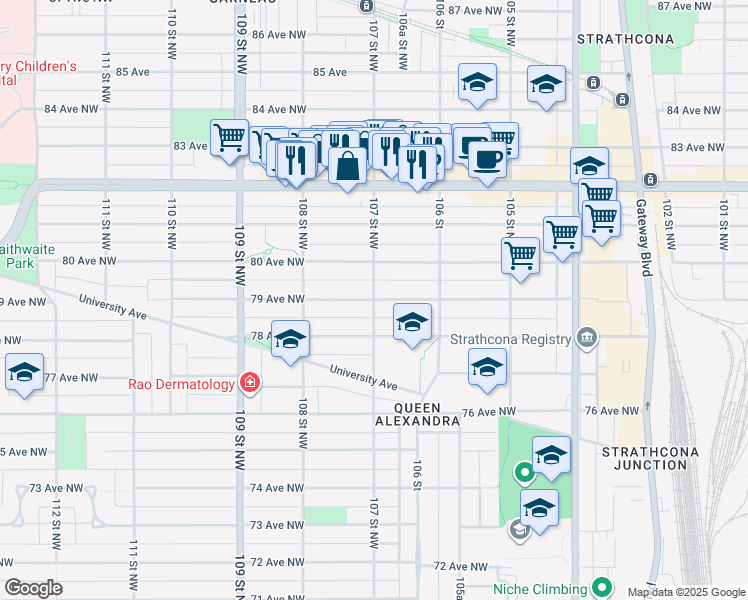 map of restaurants, bars, coffee shops, grocery stores, and more near 107 St NW & 79 Ave NW in Edmonton