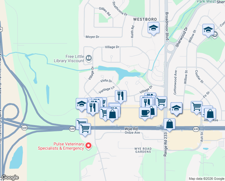 map of restaurants, bars, coffee shops, grocery stores, and more near 265 Vantage Lane in Sherwood Park