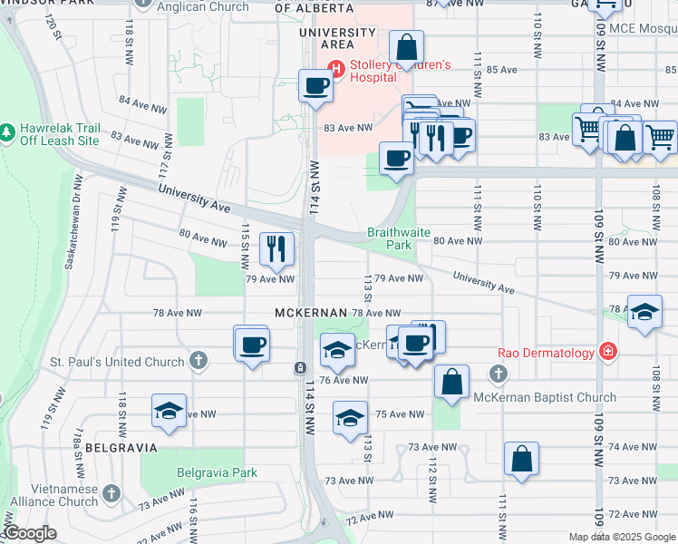 map of restaurants, bars, coffee shops, grocery stores, and more near 11328 79 Avenue Northwest in Edmonton