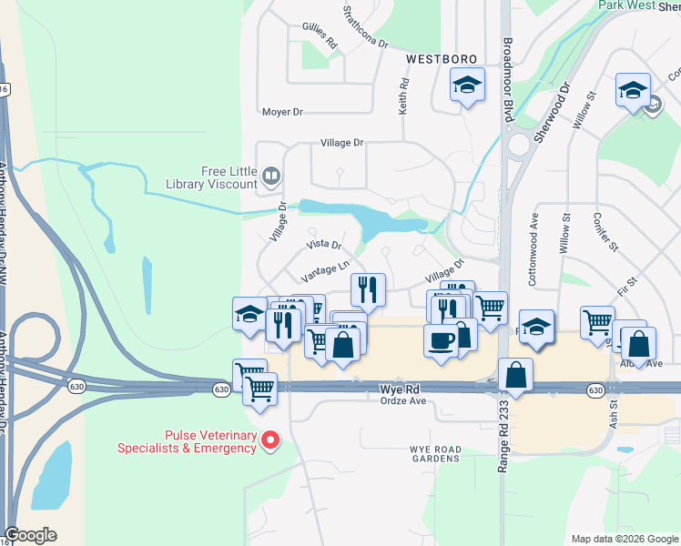 map of restaurants, bars, coffee shops, grocery stores, and more near 265 Vantage Lane in Sherwood Park
