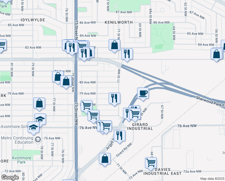 map of restaurants, bars, coffee shops, grocery stores, and more near 7108 79 Avenue Northwest in Edmonton
