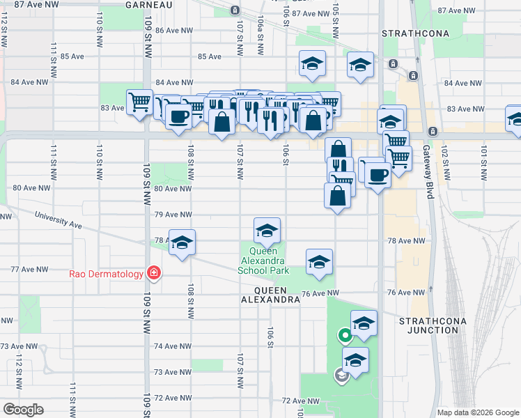 map of restaurants, bars, coffee shops, grocery stores, and more near 10630 79 Avenue Northwest in Edmonton