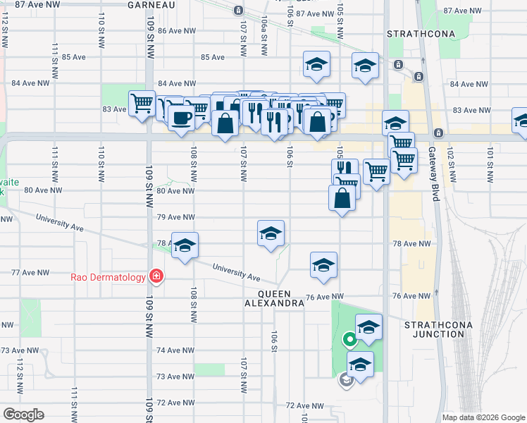 map of restaurants, bars, coffee shops, grocery stores, and more near 10630 79 Avenue Northwest in Edmonton