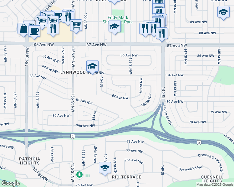 map of restaurants, bars, coffee shops, grocery stores, and more near 15226 82 Avenue Northwest in Edmonton