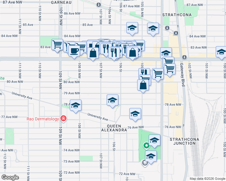 map of restaurants, bars, coffee shops, grocery stores, and more near 10630 79 Avenue Northwest in Edmonton