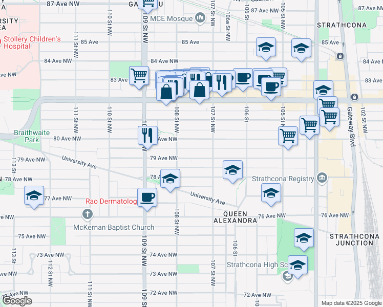 map of restaurants, bars, coffee shops, grocery stores, and more near 10736 79 Avenue Northwest in Edmonton