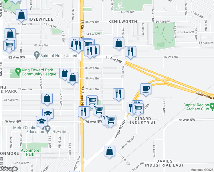 map of restaurants, bars, coffee shops, grocery stores, and more near 7216 M 79 Avenue Northwest in Edmonton