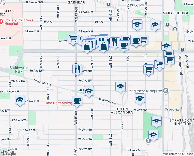 map of restaurants, bars, coffee shops, grocery stores, and more near 10744 79 Avenue Northwest in Edmonton