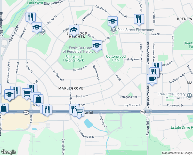 map of restaurants, bars, coffee shops, grocery stores, and more near 860 Juniper Avenue in Sherwood Park