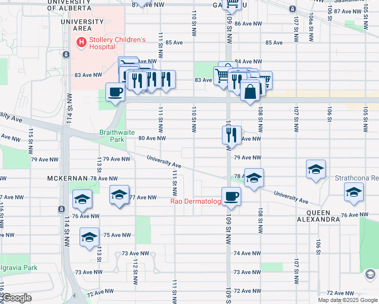 map of restaurants, bars, coffee shops, grocery stores, and more near 7916 110 Street Northwest in Edmonton