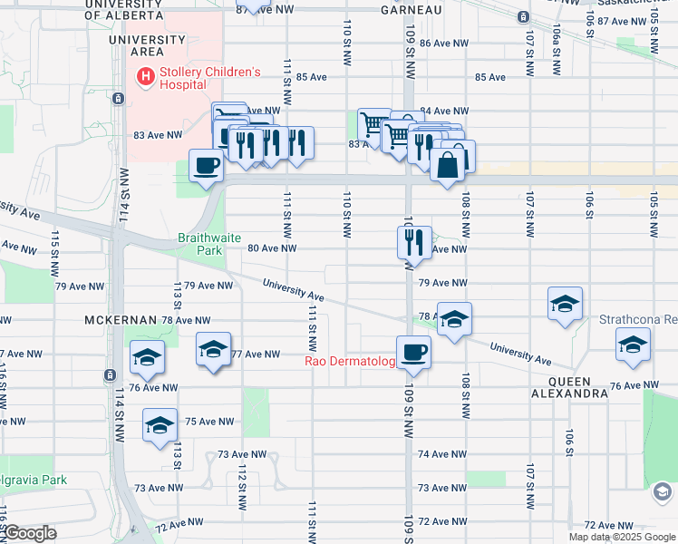 map of restaurants, bars, coffee shops, grocery stores, and more near 7916 110 Street Northwest in Edmonton