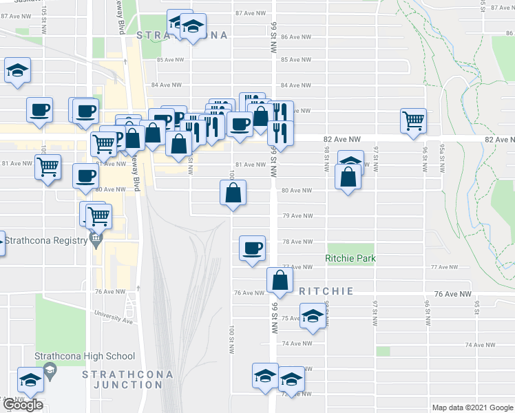 map of restaurants, bars, coffee shops, grocery stores, and more near 9920 79 Avenue Northwest in Edmonton