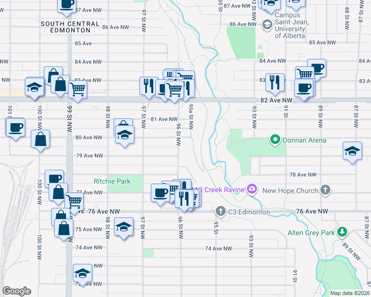 map of restaurants, bars, coffee shops, grocery stores, and more near 7927 96 Street Northwest in Edmonton
