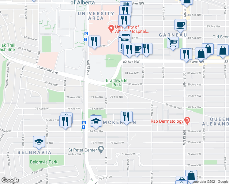 map of restaurants, bars, coffee shops, grocery stores, and more near 11237 University Avenue in Edmonton